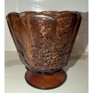 Vintage Amber Glass Pedestal Bowl Grape Pattern Scalloped Rim Footed Dish FL 46